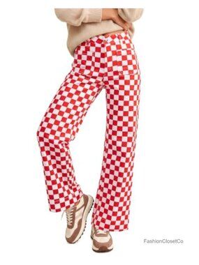 High Waisted Wide Leg Checkered Stretch Jeans Y2K Retro